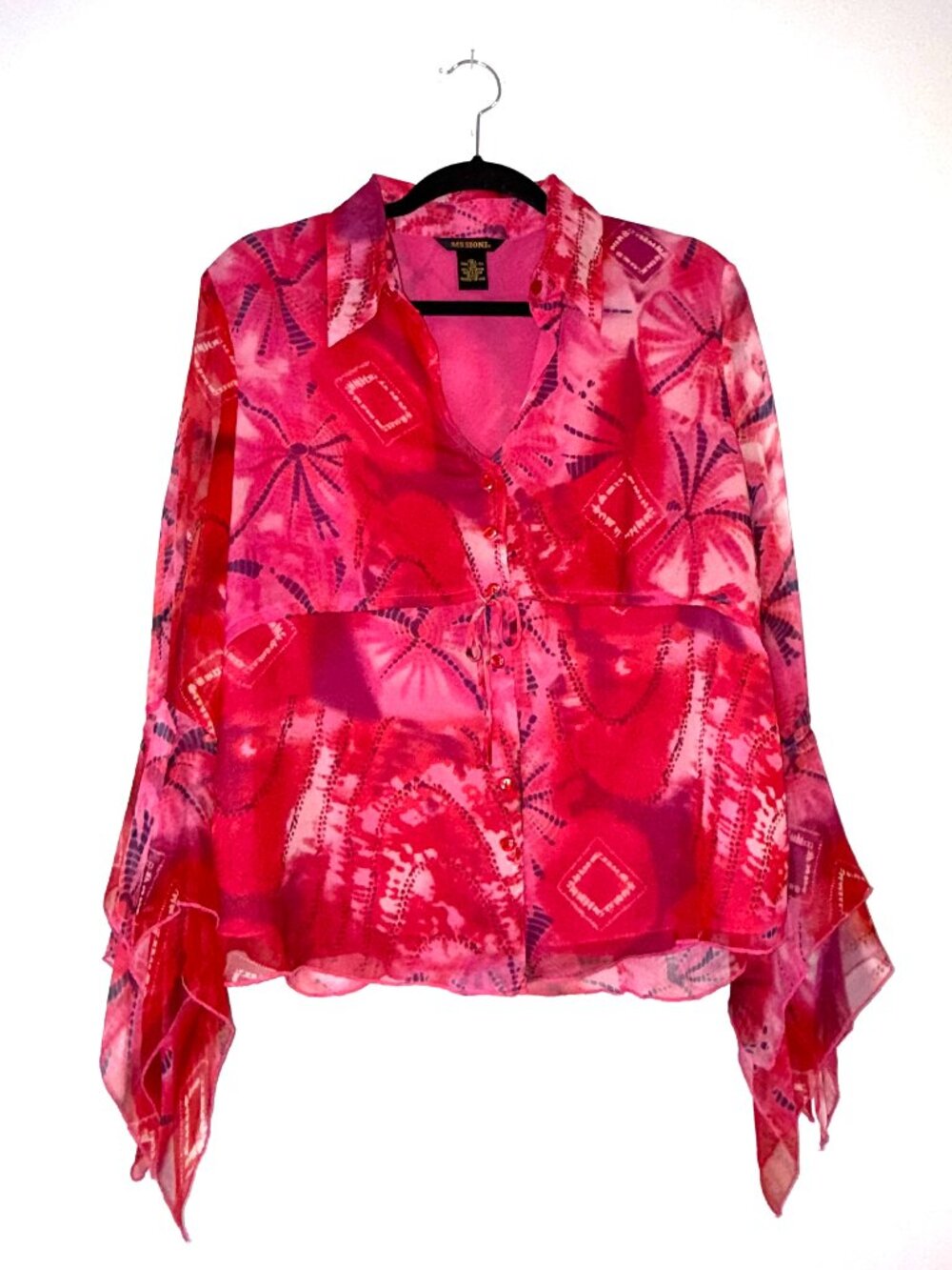NWT Y2K Sioni Baby Doll Handkerchief Sleeve Tie Waist Button Up Silk Blouse Sz